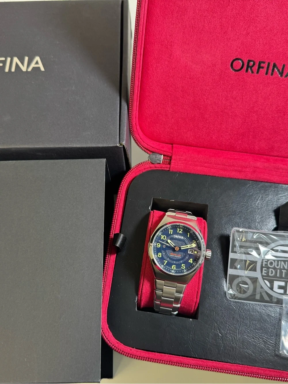 orfina founders edition automatic date stainless steel 42 mm wristwatch